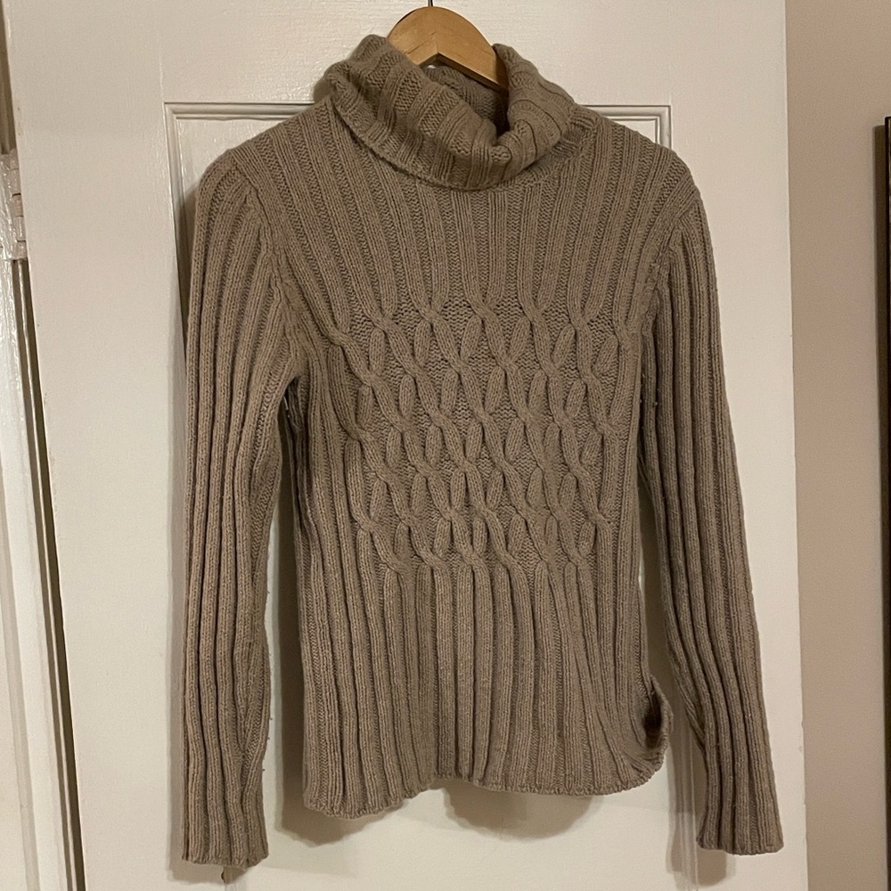 Cozy Tan Cable Knit Turtleneck Sweater